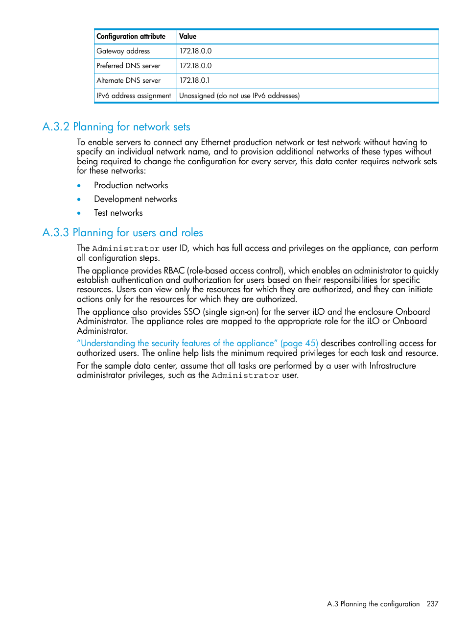 A.3.2 planning for network sets, A.3.3 planning for users and roles | HP OneView User Manual | Page 237 / 297