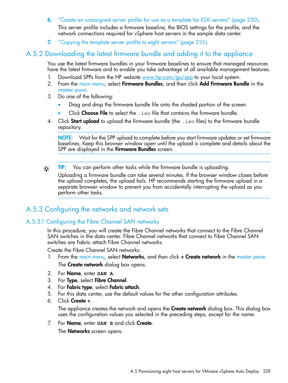 A.5.3 configuring the networks and network sets, A.5.3.1 configuring the fibre channel san networks | HP OneView User Manual | Page 239 / 297