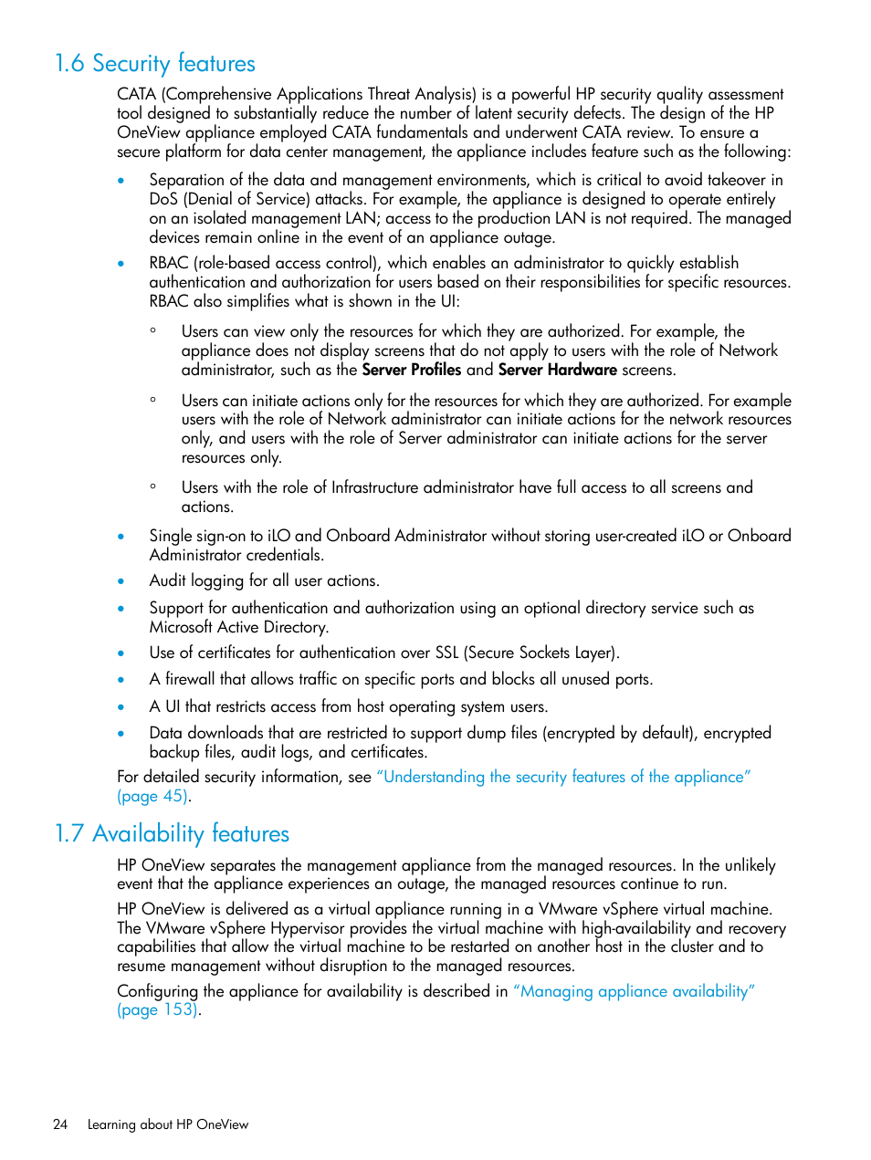 6 security features, 7 availability features, 6 security features 1.7 availability features | HP OneView User Manual | Page 24 / 297