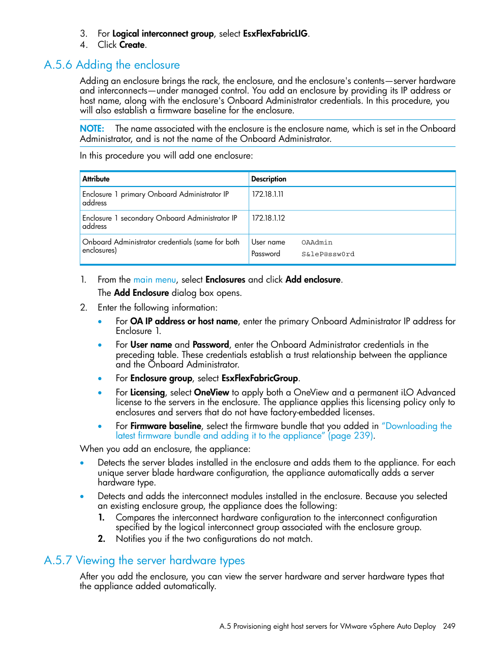 A.5.6 adding the enclosure, A.5.7 viewing the server hardware types | HP OneView User Manual | Page 249 / 297