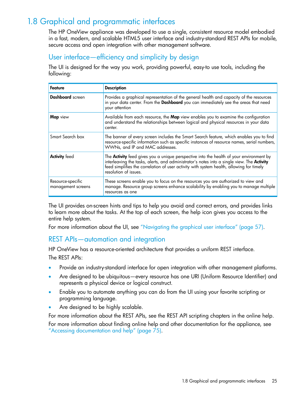 8 graphical and programmatic interfaces, User interface—efficiency and simplicity by design, Rest apis—automation and integration | HP OneView User Manual | Page 25 / 297