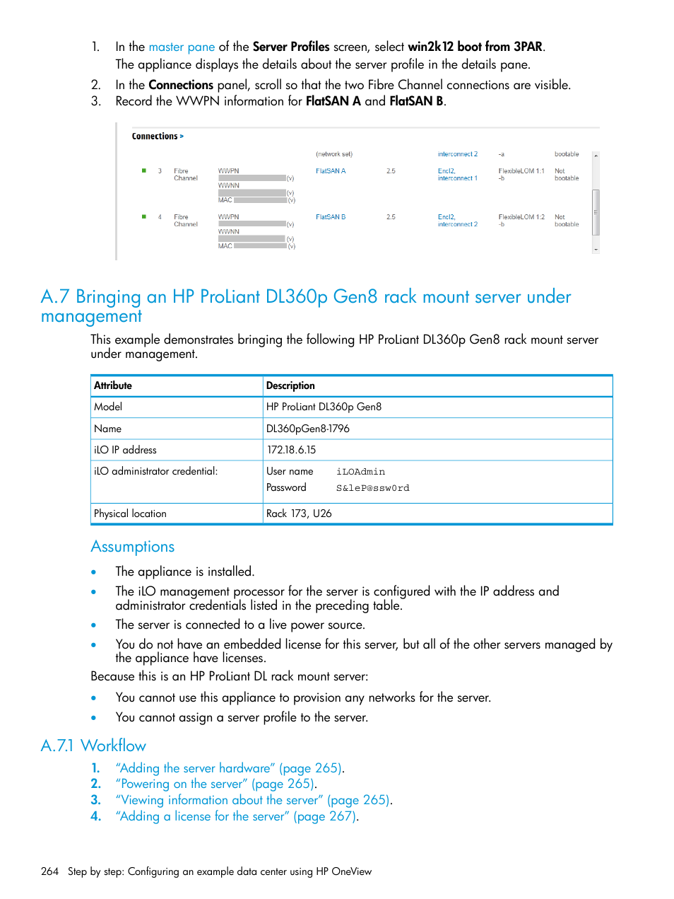 A.7.1 workflow, Assumptions | HP OneView User Manual | Page 264 / 297