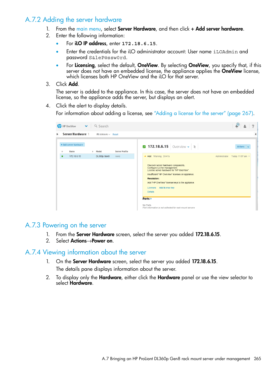 A.7.2 adding the server hardware, A.7.3 powering on the server, A.7.4 viewing information about the server | HP OneView User Manual | Page 265 / 297