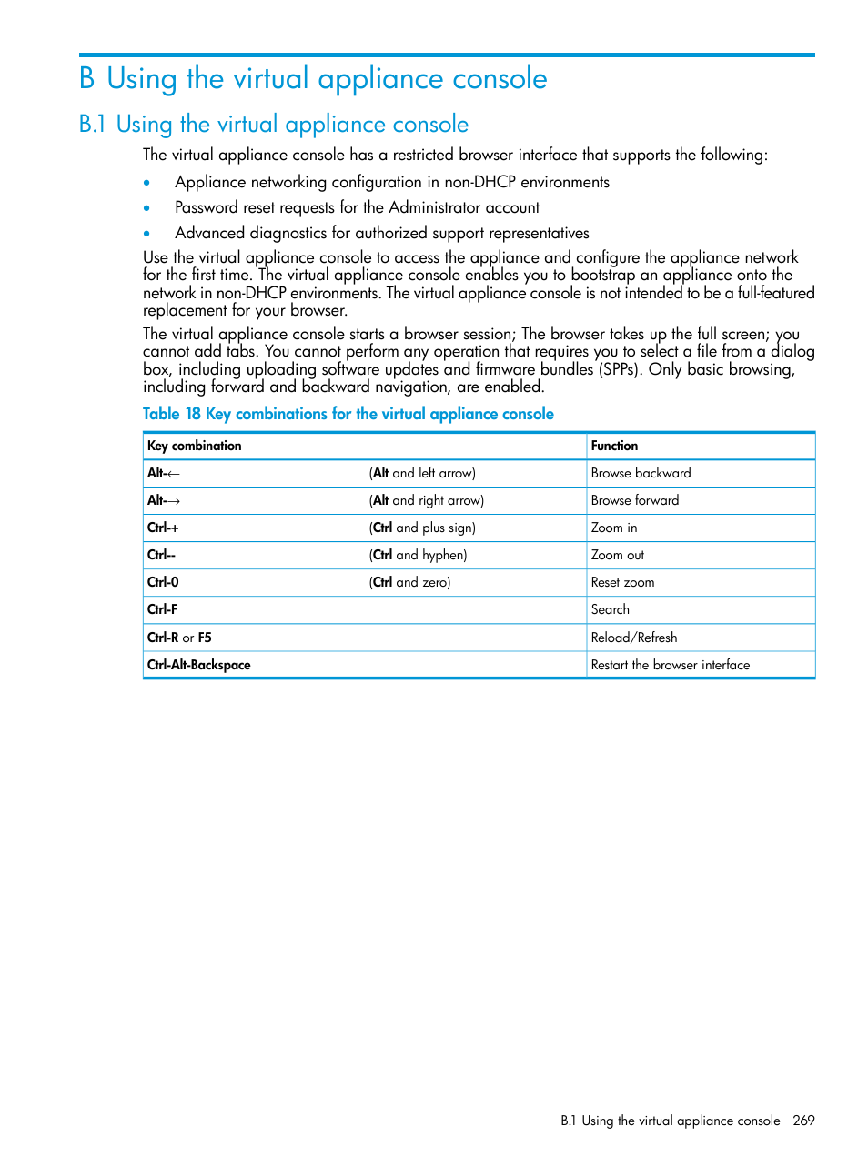 B using the virtual appliance console, B.1 using the virtual appliance console | HP OneView User Manual | Page 269 / 297