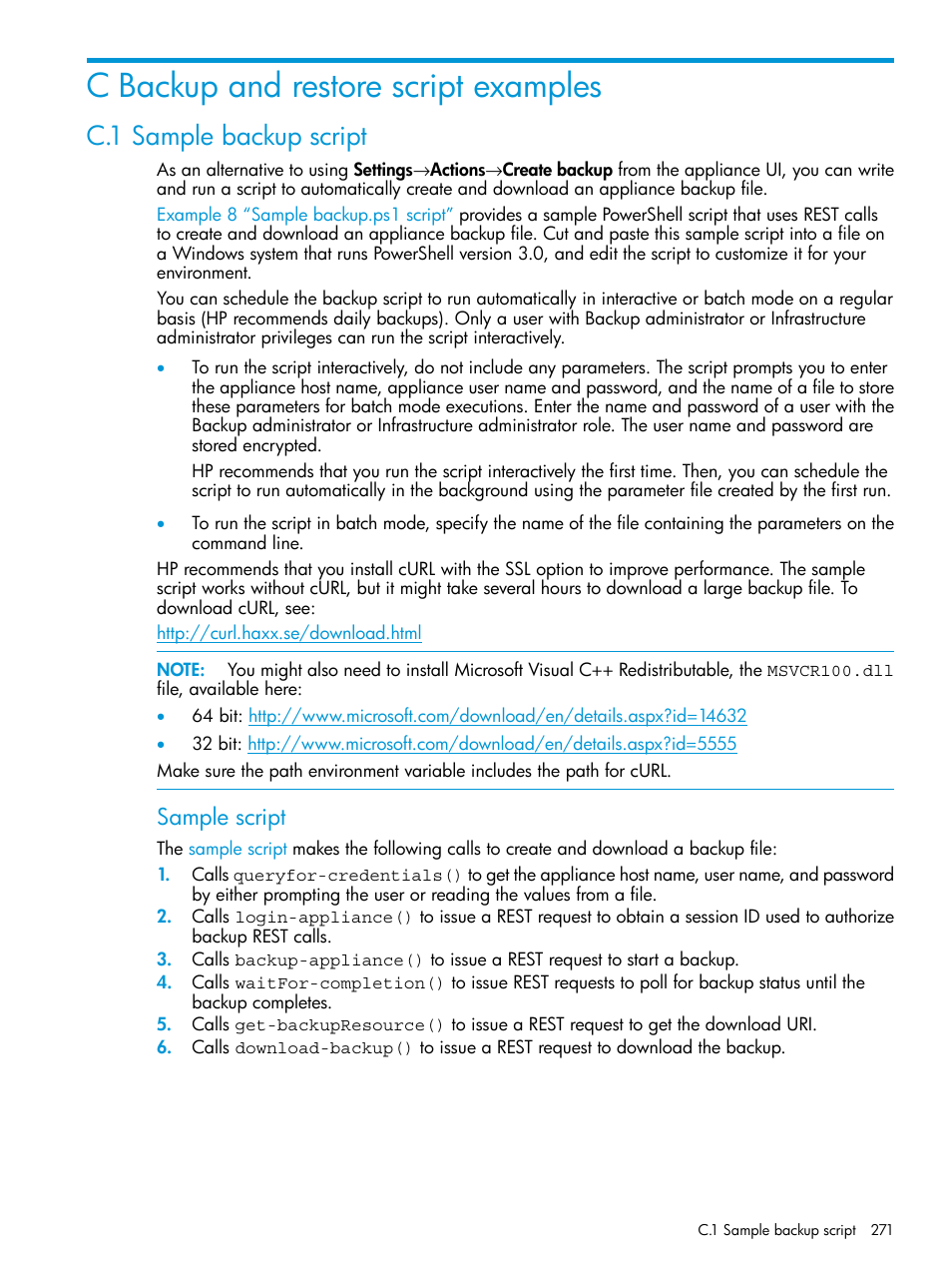 C backup and restore script examples, C.1 sample backup script, Sample script | HP OneView User Manual | Page 271 / 297