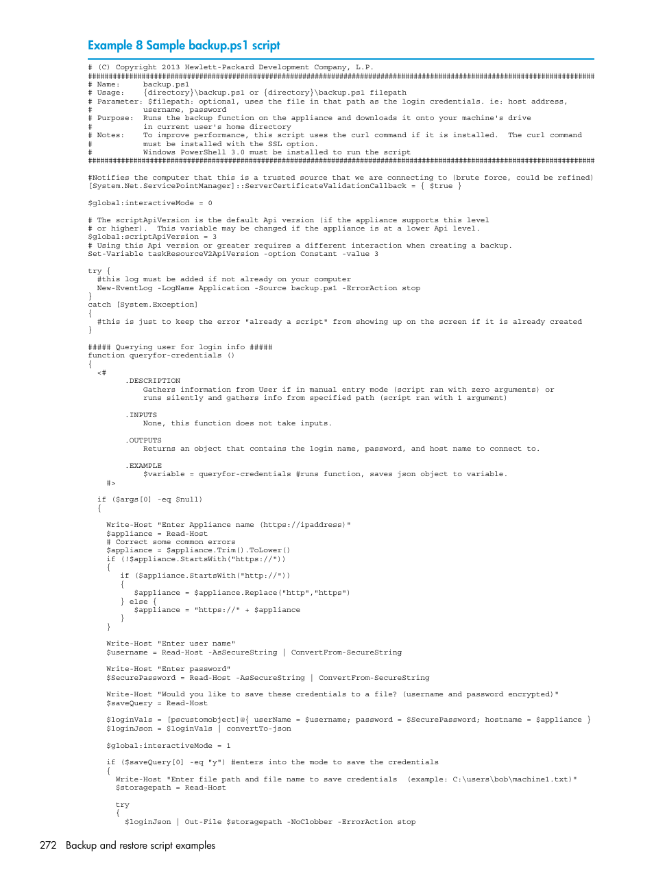 Example 8 sample backup.ps1 script | HP OneView User Manual | Page 272 / 297