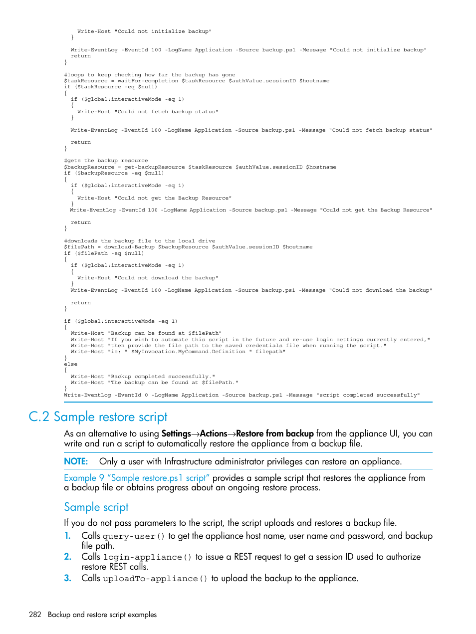 C.2 sample restore script, Sample script | HP OneView User Manual | Page 282 / 297