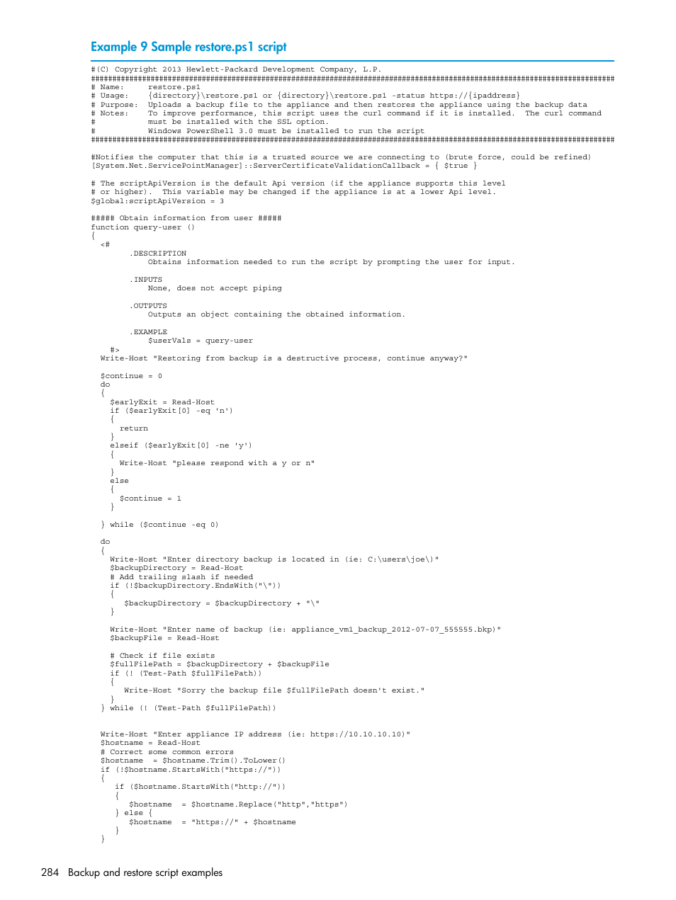 Example 9 sample restore.ps1 script | HP OneView User Manual | Page 284 / 297