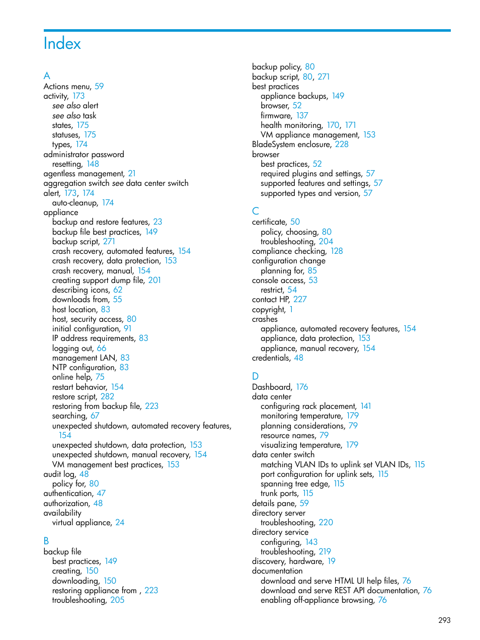 Index | HP OneView User Manual | Page 293 / 297