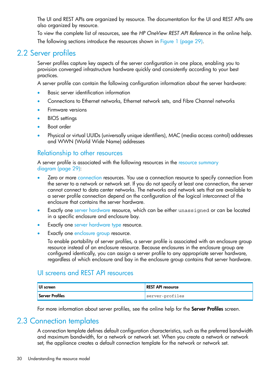 2 server profiles, 3 connection templates, 2 server profiles 2.3 connection templates | Relationship to other resources, Ui screens and rest api resources | HP OneView User Manual | Page 30 / 297