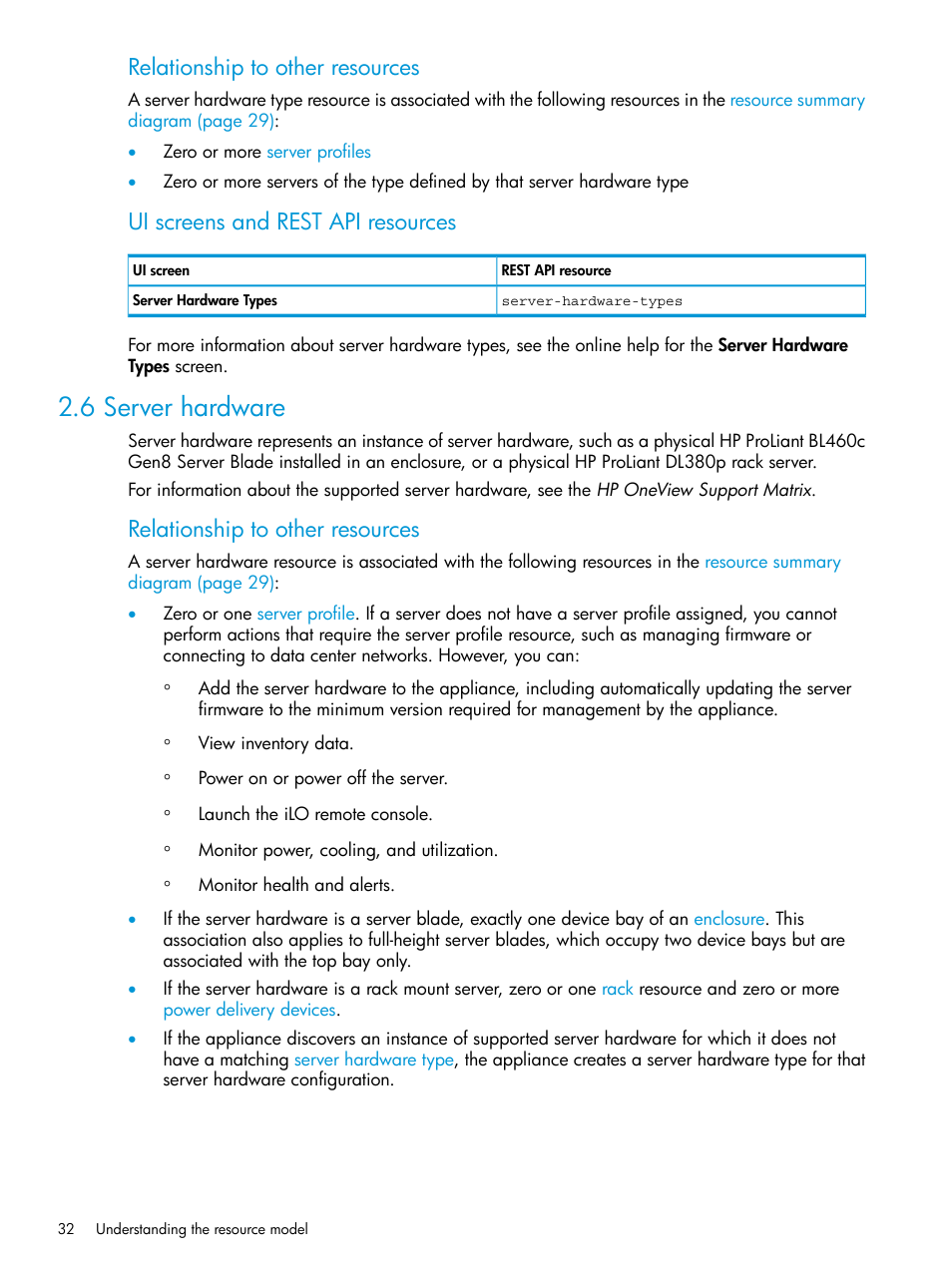 6 server hardware, Server hardware, Relationship to other resources | Ui screens and rest api resources | HP OneView User Manual | Page 32 / 297