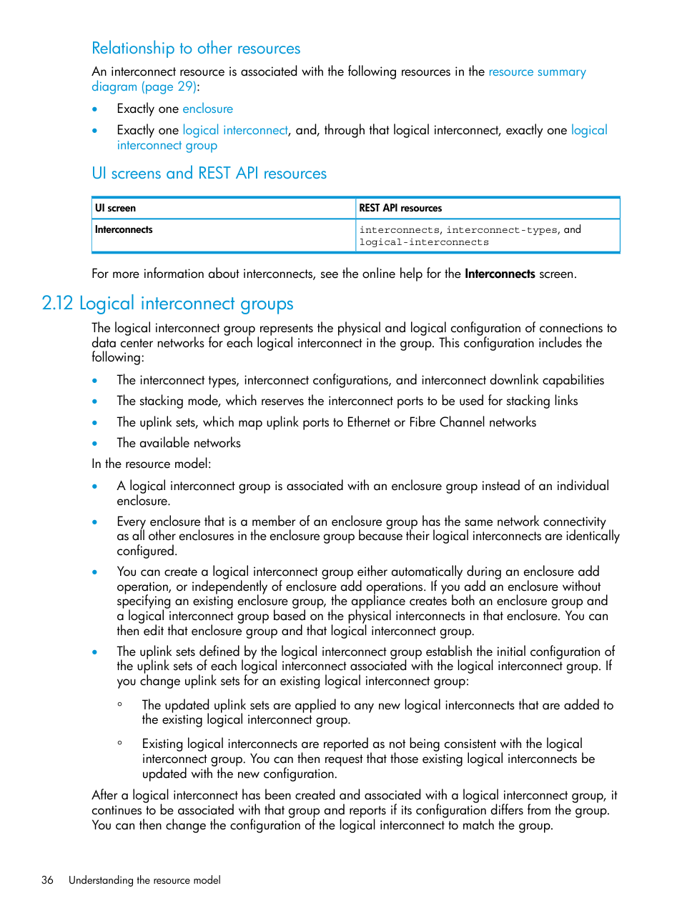 12 logical interconnect groups, Logical interconnect group, Relationship to other resources | Ui screens and rest api resources | HP OneView User Manual | Page 36 / 297