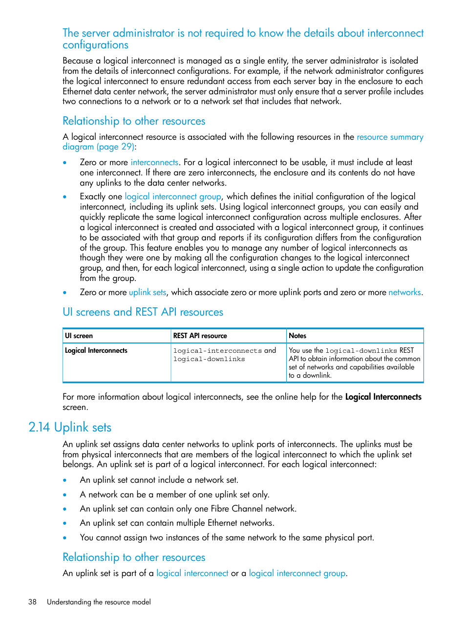 14 uplink sets, Uplink, Sets | Relationship to other resources, Ui screens and rest api resources | HP OneView User Manual | Page 38 / 297