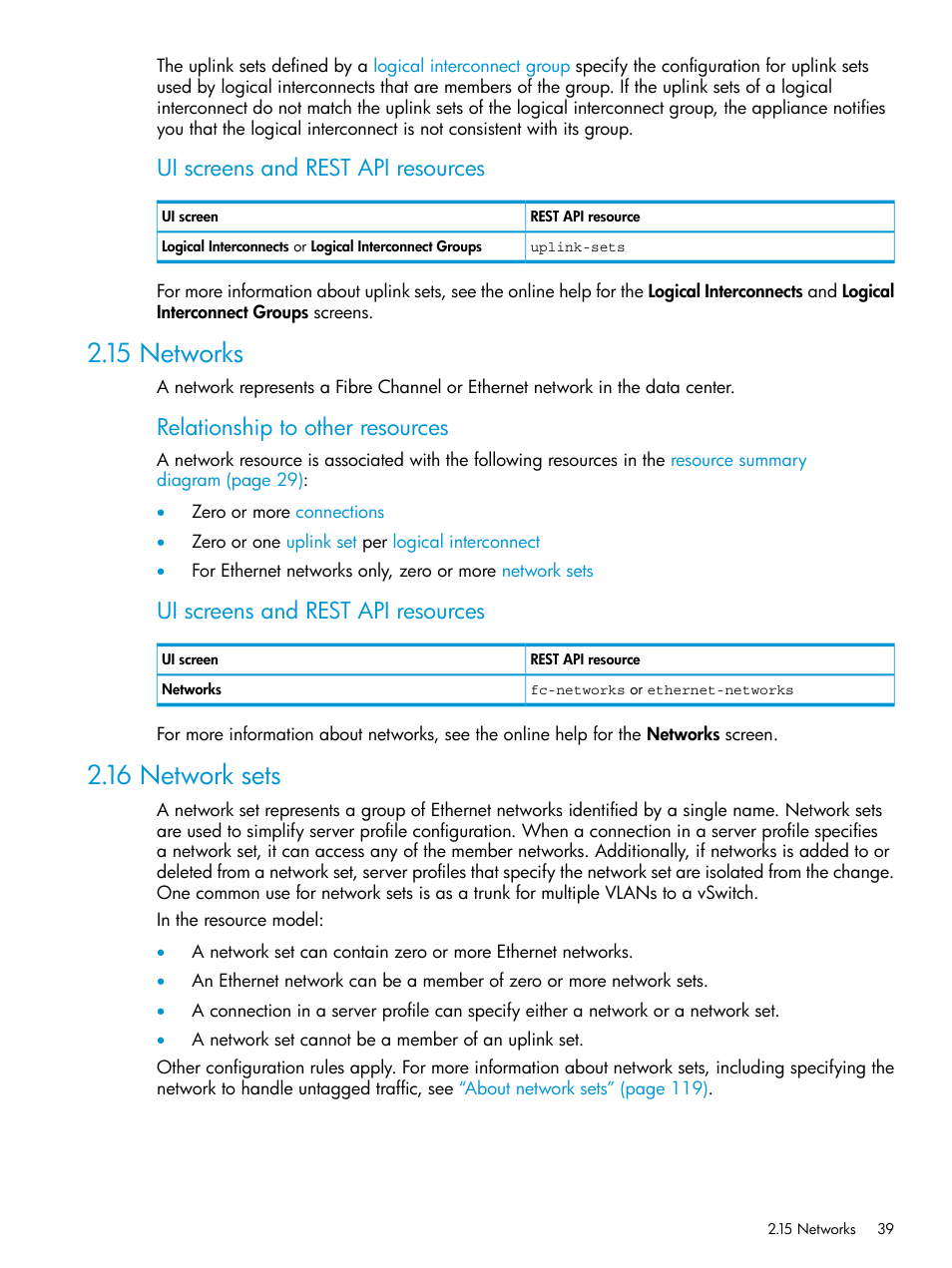 15 networks, 16 network sets, 15 networks 2.16 network sets | Network set, Network, Networks, Ui screens and rest api resources, Relationship to other resources | HP OneView User Manual | Page 39 / 297