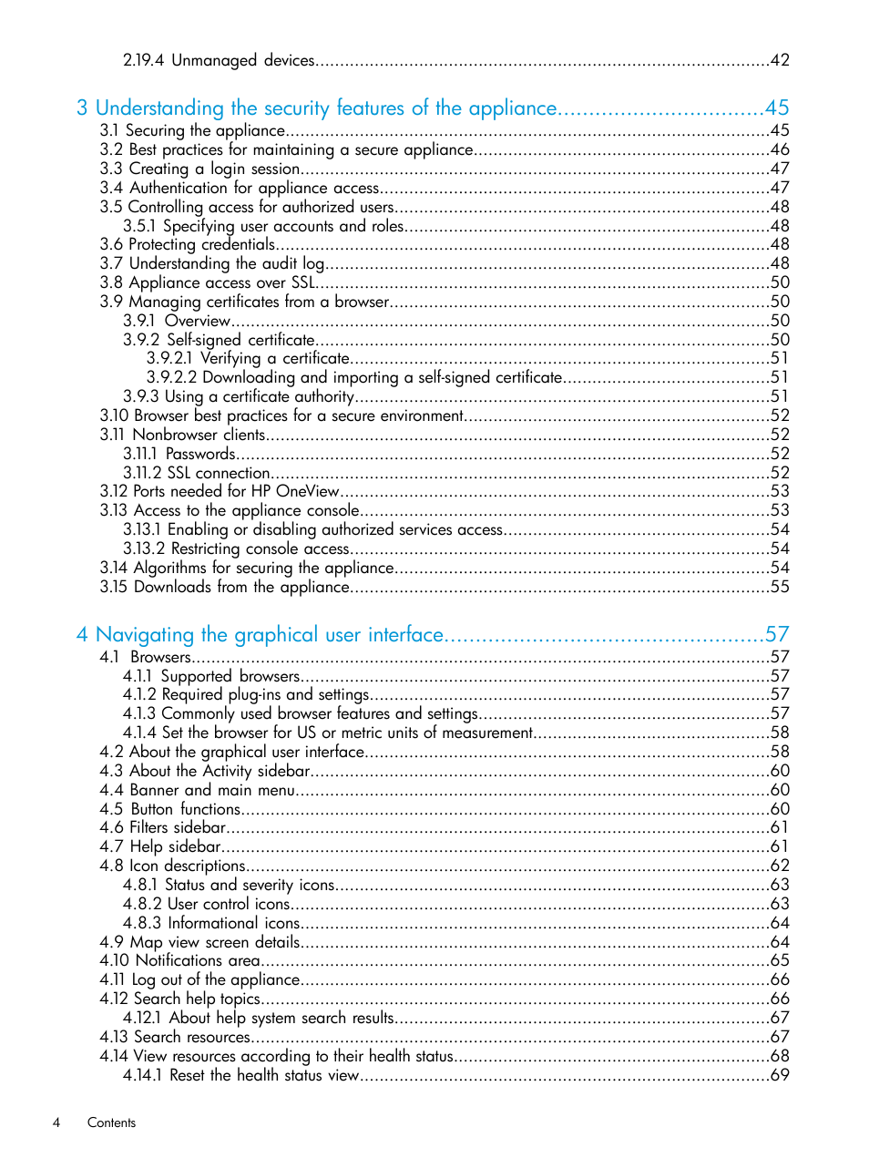 4 navigating the graphical user interface | HP OneView User Manual | Page 4 / 297