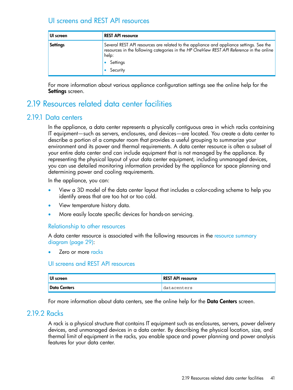 19 resources related data center facilities, 1 data centers, 2 racks | 1 data centers 2.19.2 racks, Rack, Ui screens and rest api resources | HP OneView User Manual | Page 41 / 297