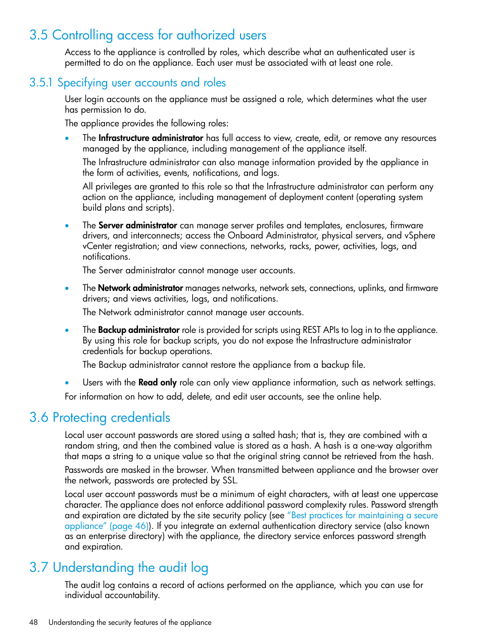 5 controlling access for authorized users, 1 specifying user accounts and roles, 6 protecting credentials | 7 understanding the audit log | HP OneView User Manual | Page 48 / 297