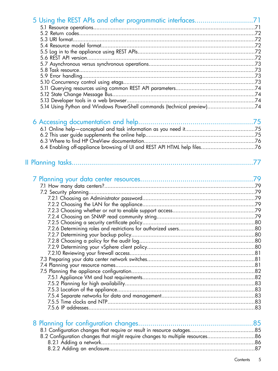 6 accessing documentation and help, 8 planning for configuration changes | HP OneView User Manual | Page 5 / 297