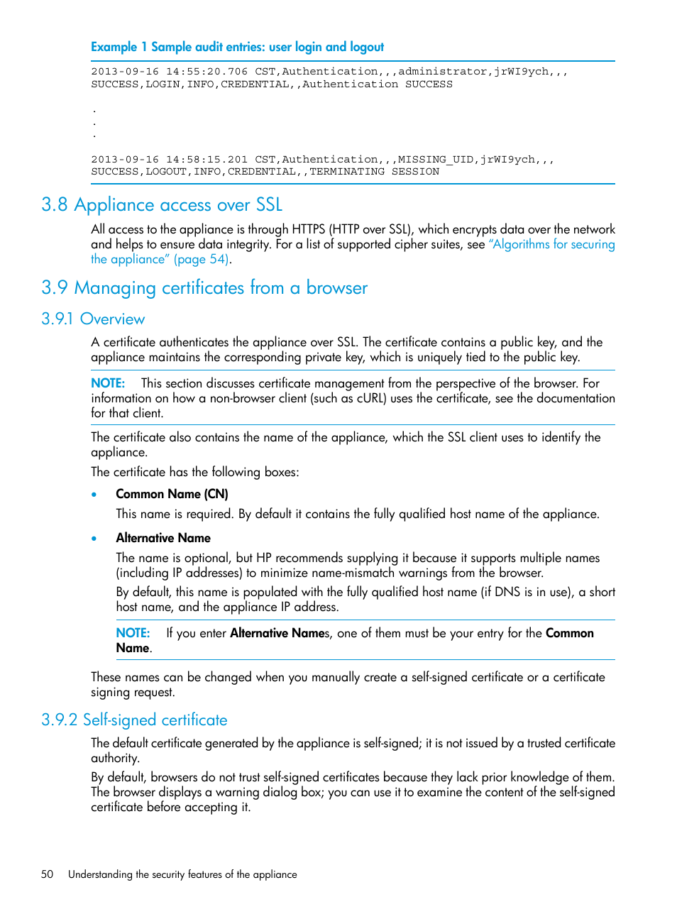 8 appliance access over ssl, 9 managing certificates from a browser, 1 overview | 2 self-signed certificate, 1 overview 3.9.2 self-signed certificate | HP OneView User Manual | Page 50 / 297