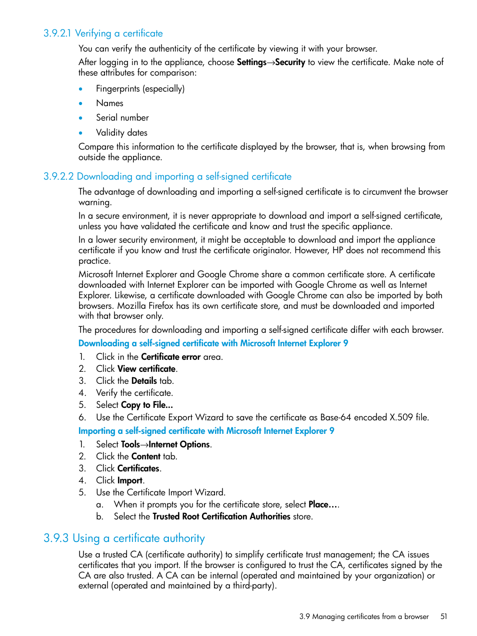 1 verifying a certificate, 3 using a certificate authority | HP OneView User Manual | Page 51 / 297