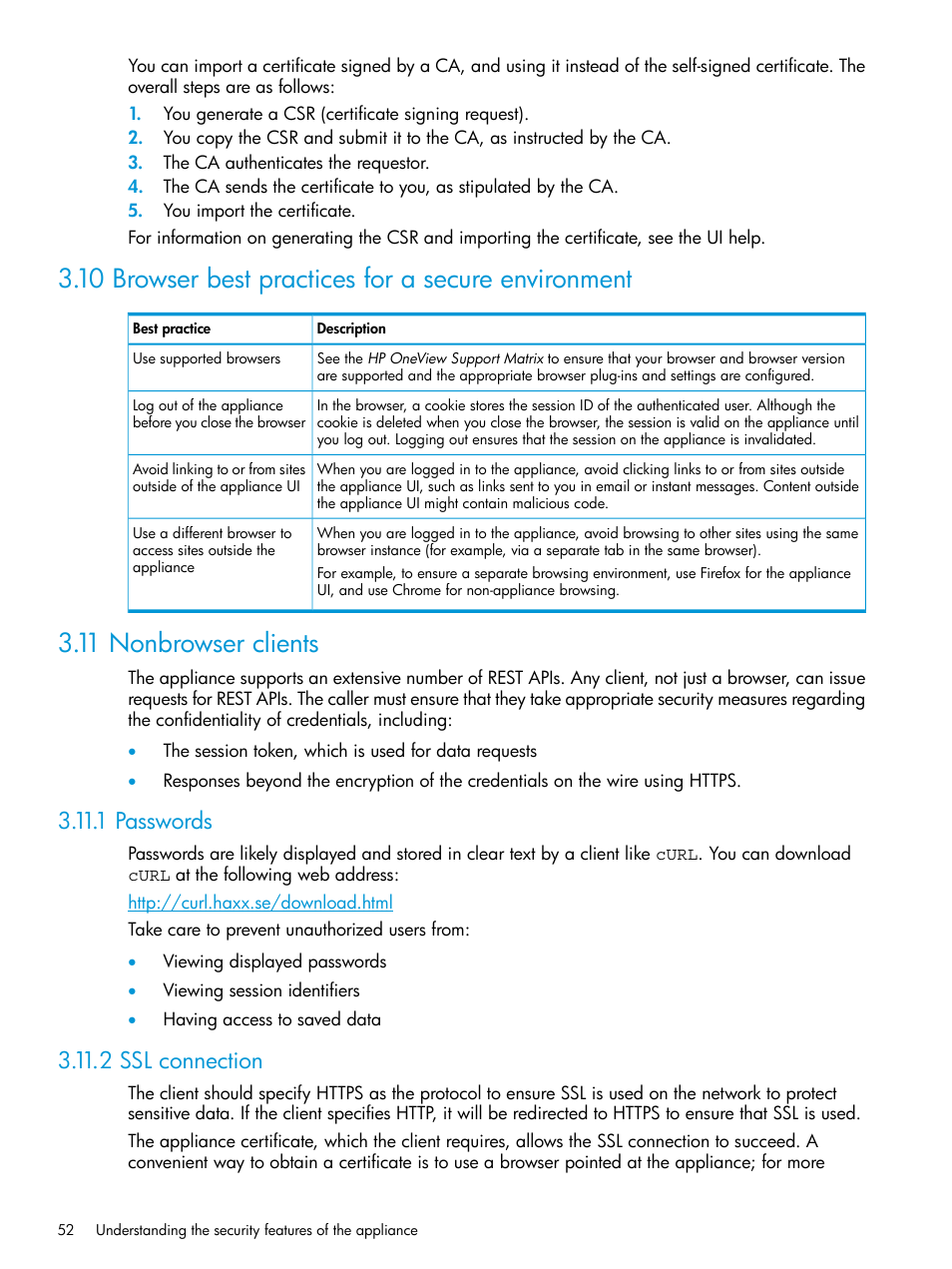 10 browser best practices for a secure environment, 11 nonbrowser clients, 1 passwords | 2 ssl connection, 1 passwords 3.11.2 ssl connection | HP OneView User Manual | Page 52 / 297