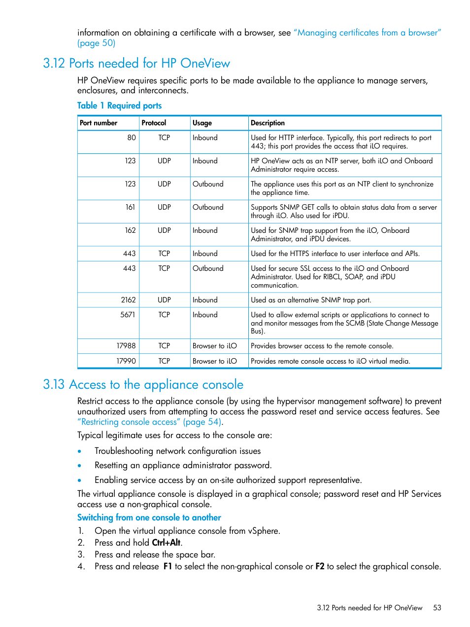 12 ports needed for hp oneview, 13 access to the appliance console | HP OneView User Manual | Page 53 / 297