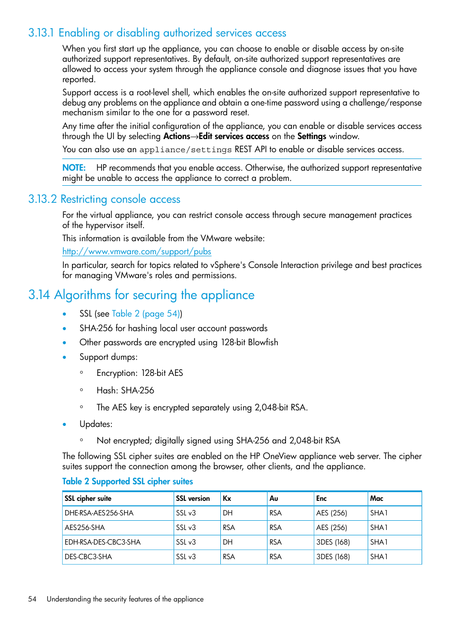 1 enabling or disabling authorized services access, 2 restricting console access, 14 algorithms for securing the appliance | HP OneView User Manual | Page 54 / 297