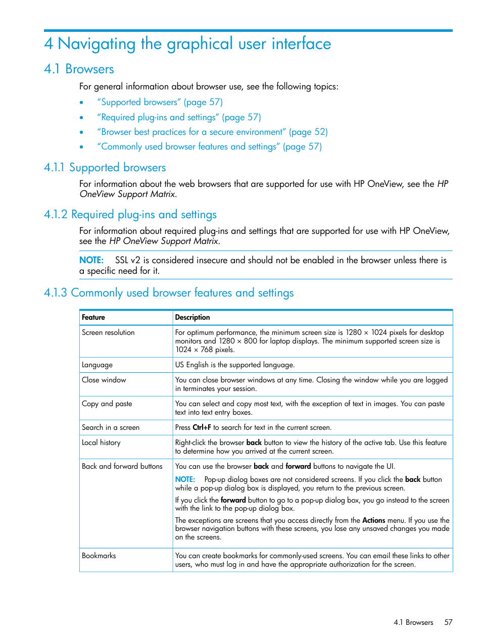 4 navigating the graphical user interface, 1 browsers, 1 supported browsers | 2 required plug-ins and settings, 3 commonly used browser features and settings | HP OneView User Manual | Page 57 / 297