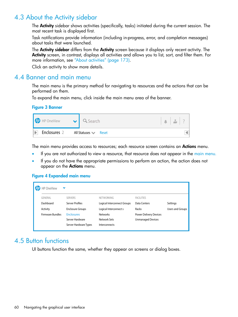 3 about the activity sidebar, 4 banner and main menu, 5 button functions | Hp oneview main menu, Activity control | HP OneView User Manual | Page 60 / 297