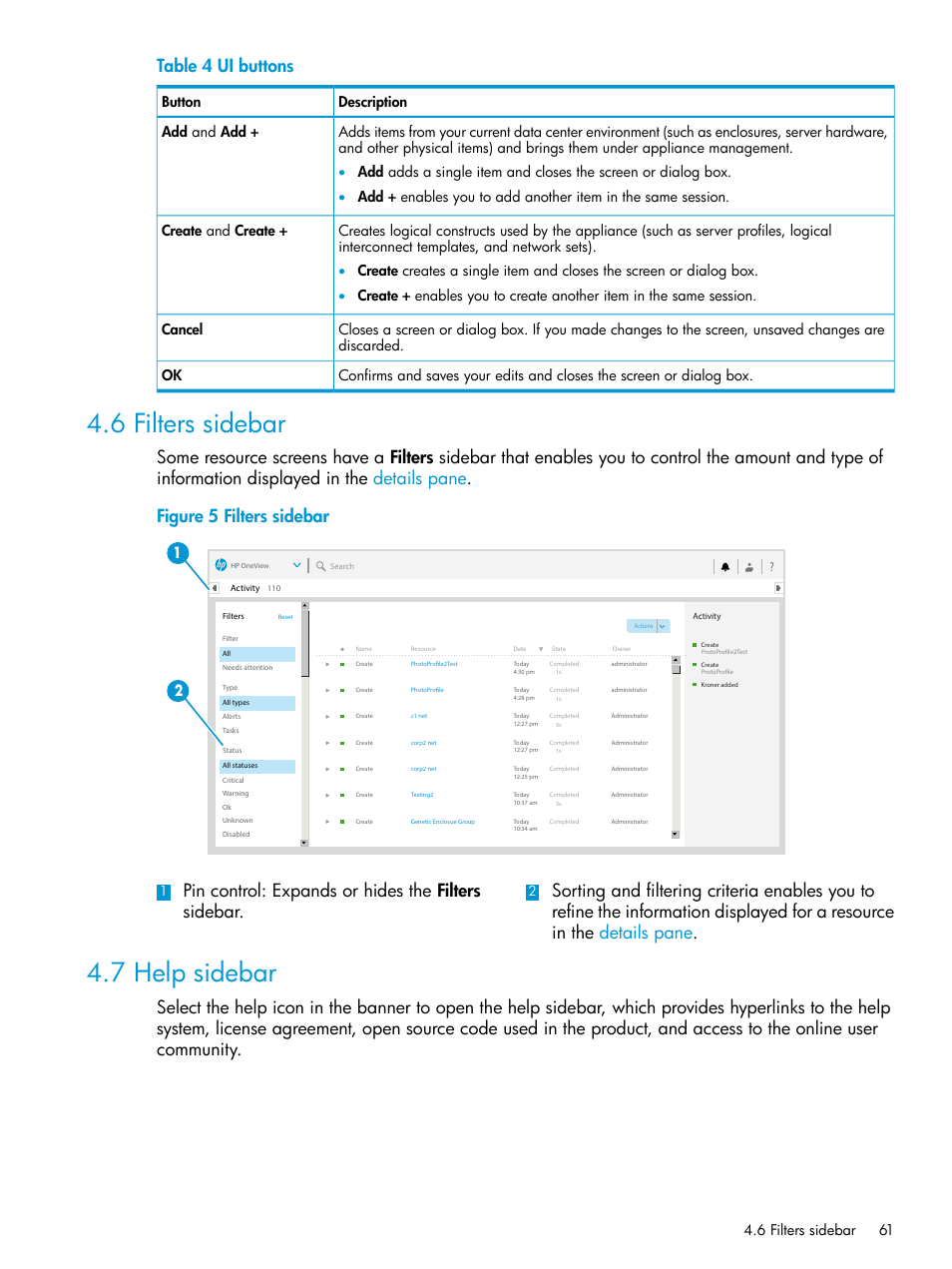 6 filters sidebar, 7 help sidebar, 6 filters sidebar 4.7 help sidebar | Help control, Filters sidebar, Table 4 ui buttons, 6 filters sidebar 61 | HP OneView User Manual | Page 61 / 297