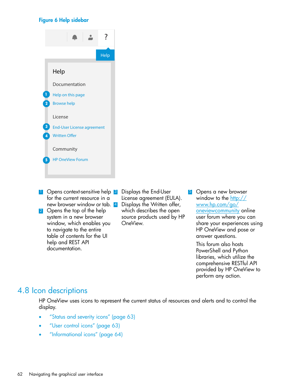 8 icon descriptions, Status icon, Help | HP OneView User Manual | Page 62 / 297