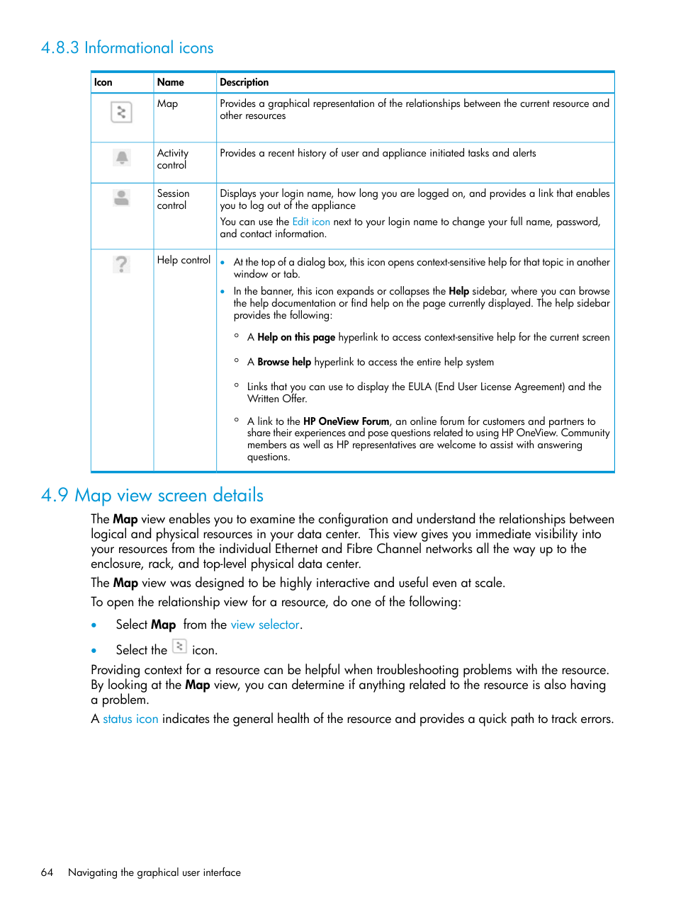 3 informational icons, 9 map view screen details | HP OneView User Manual | Page 64 / 297