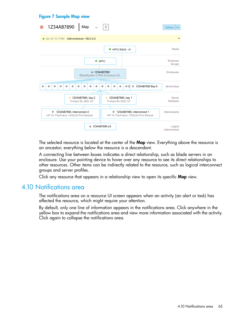 10 notifications area, Notifications area, Figure 7 sample map view | HP OneView User Manual | Page 65 / 297