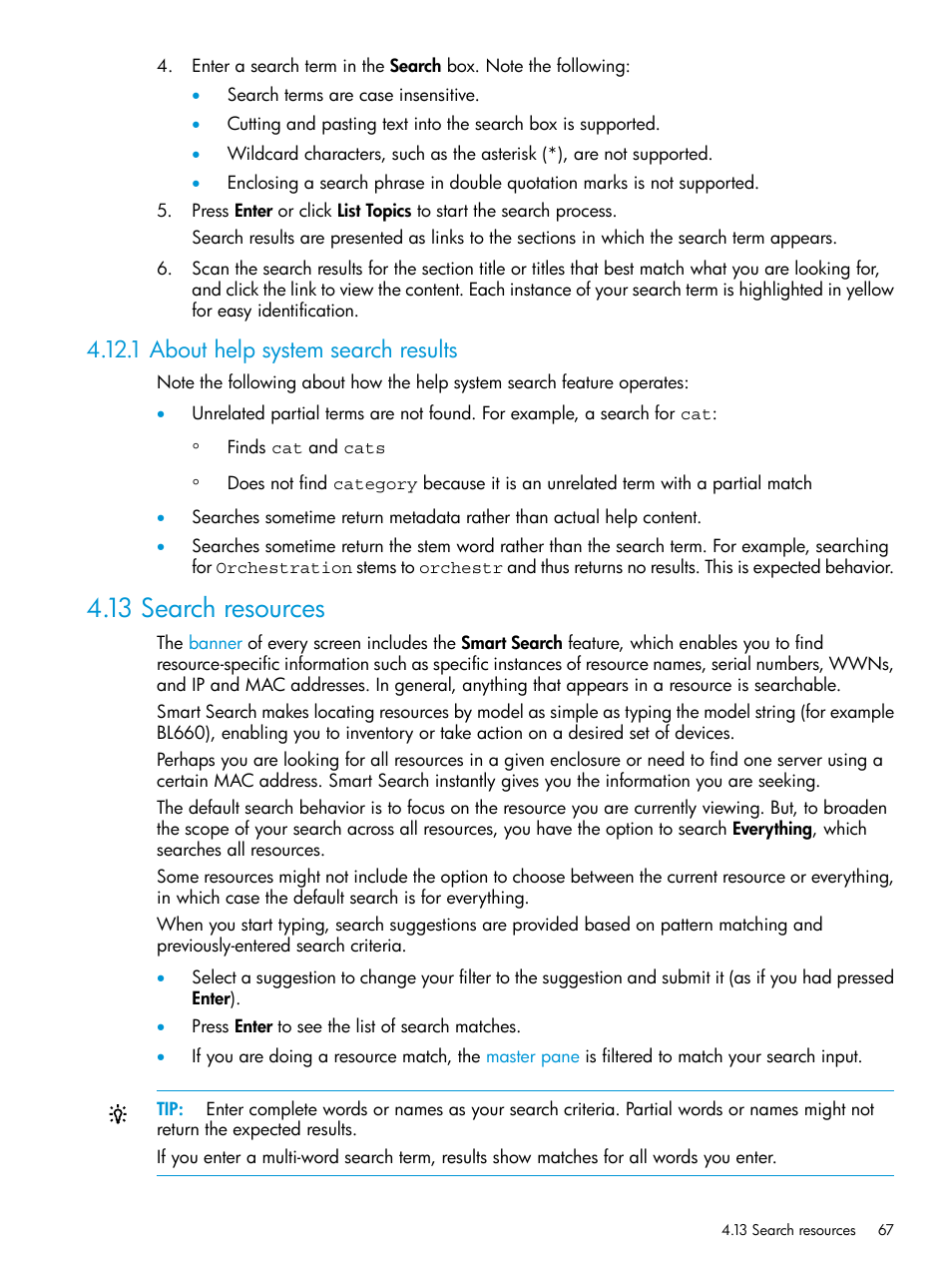 1 about help system search results, 13 search resources | HP OneView User Manual | Page 67 / 297