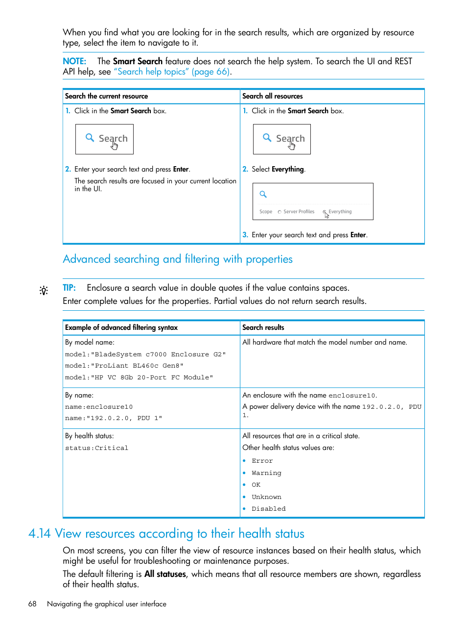 14 view resources according to their health status, Advanced searching and filtering with properties, Search | HP OneView User Manual | Page 68 / 297