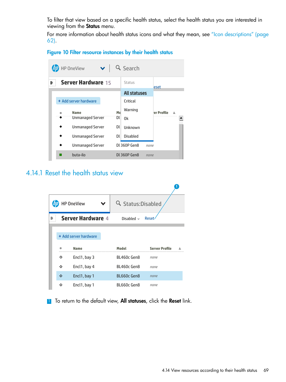 1 reset the health status view, Server hardware, Search | Status:disabled | HP OneView User Manual | Page 69 / 297