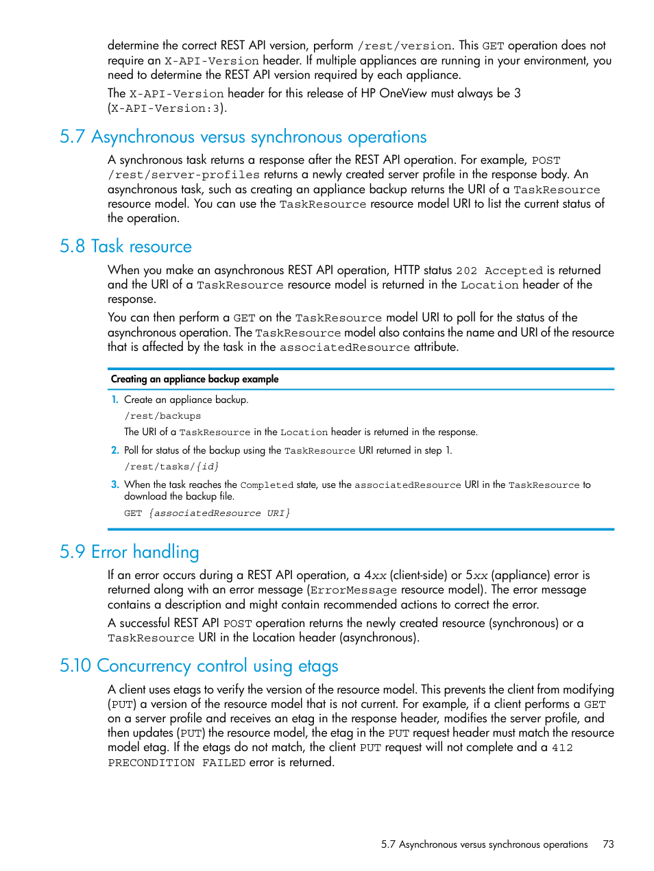 7 asynchronous versus synchronous operations, 8 task resource, 9 error handling | 10 concurrency control using etags | HP OneView User Manual | Page 73 / 297