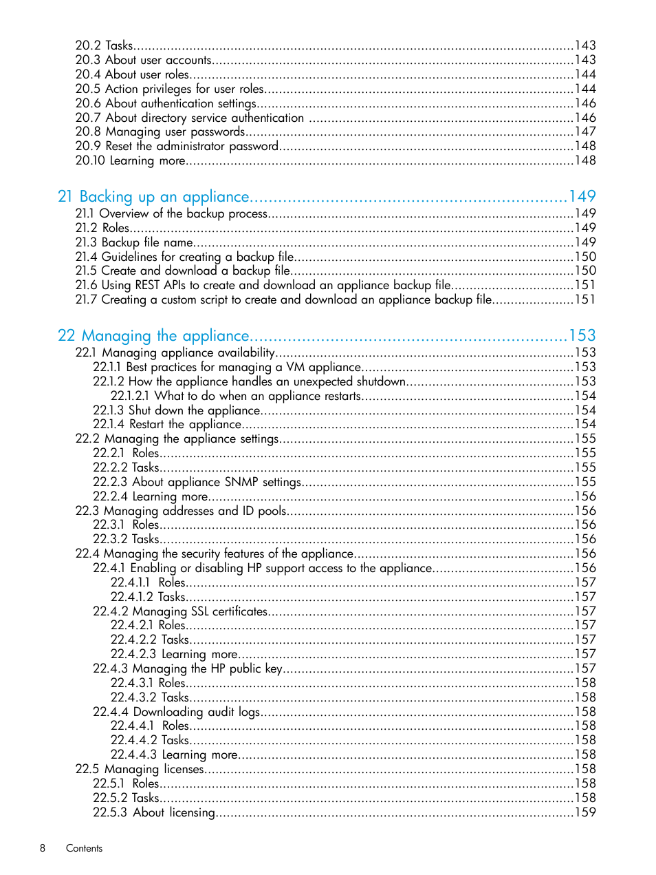 21 backing up an appliance, 22 managing the appliance | HP OneView User Manual | Page 8 / 297