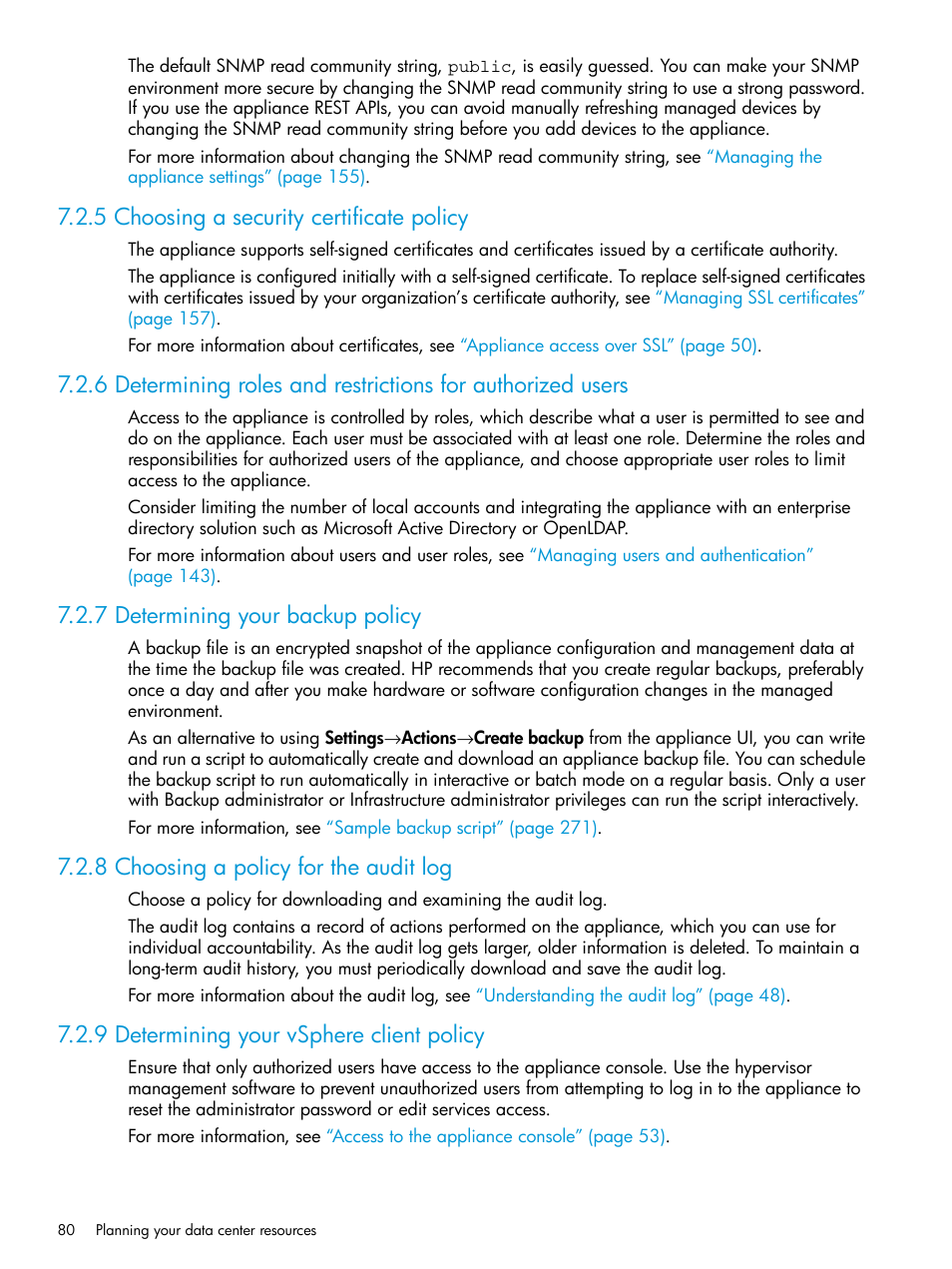 5 choosing a security certificate policy, 7 determining your backup policy, 8 choosing a policy for the audit log | 9 determining your vsphere client policy | HP OneView User Manual | Page 80 / 297