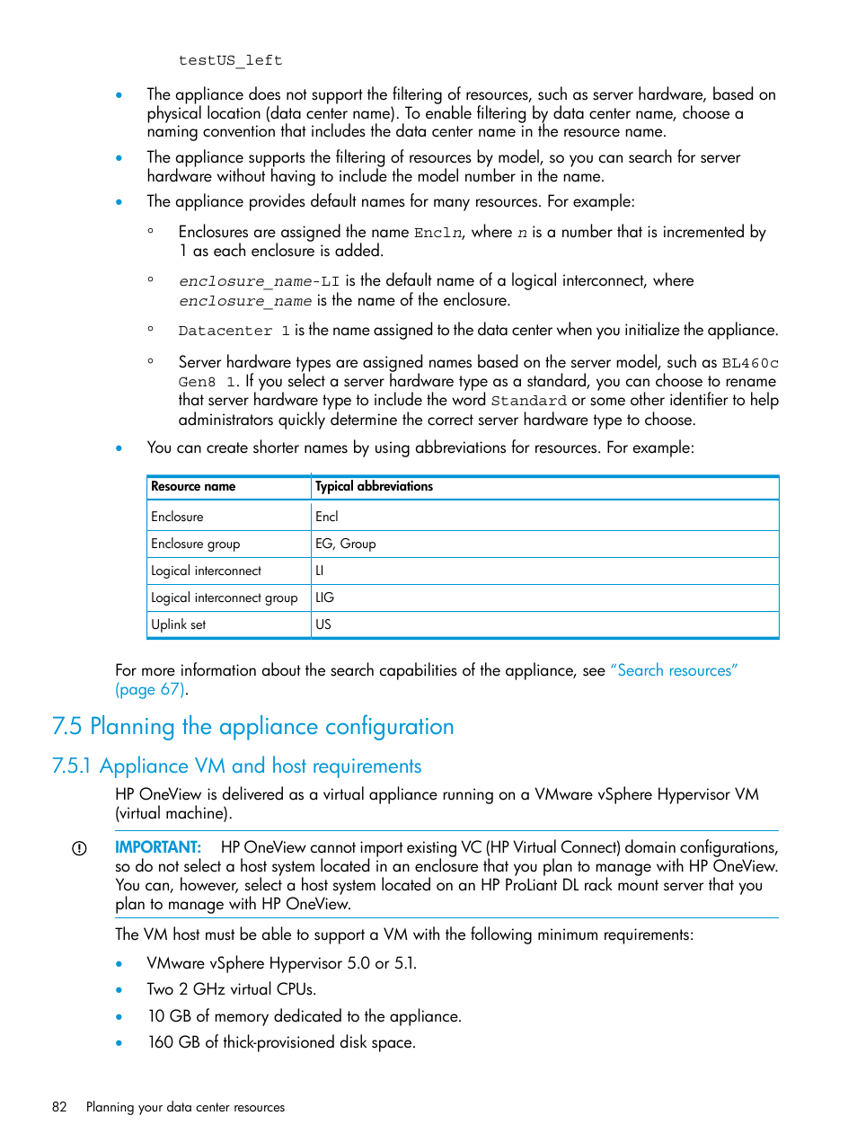 5 planning the appliance configuration, 1 appliance vm and host requirements | HP OneView User Manual | Page 82 / 297