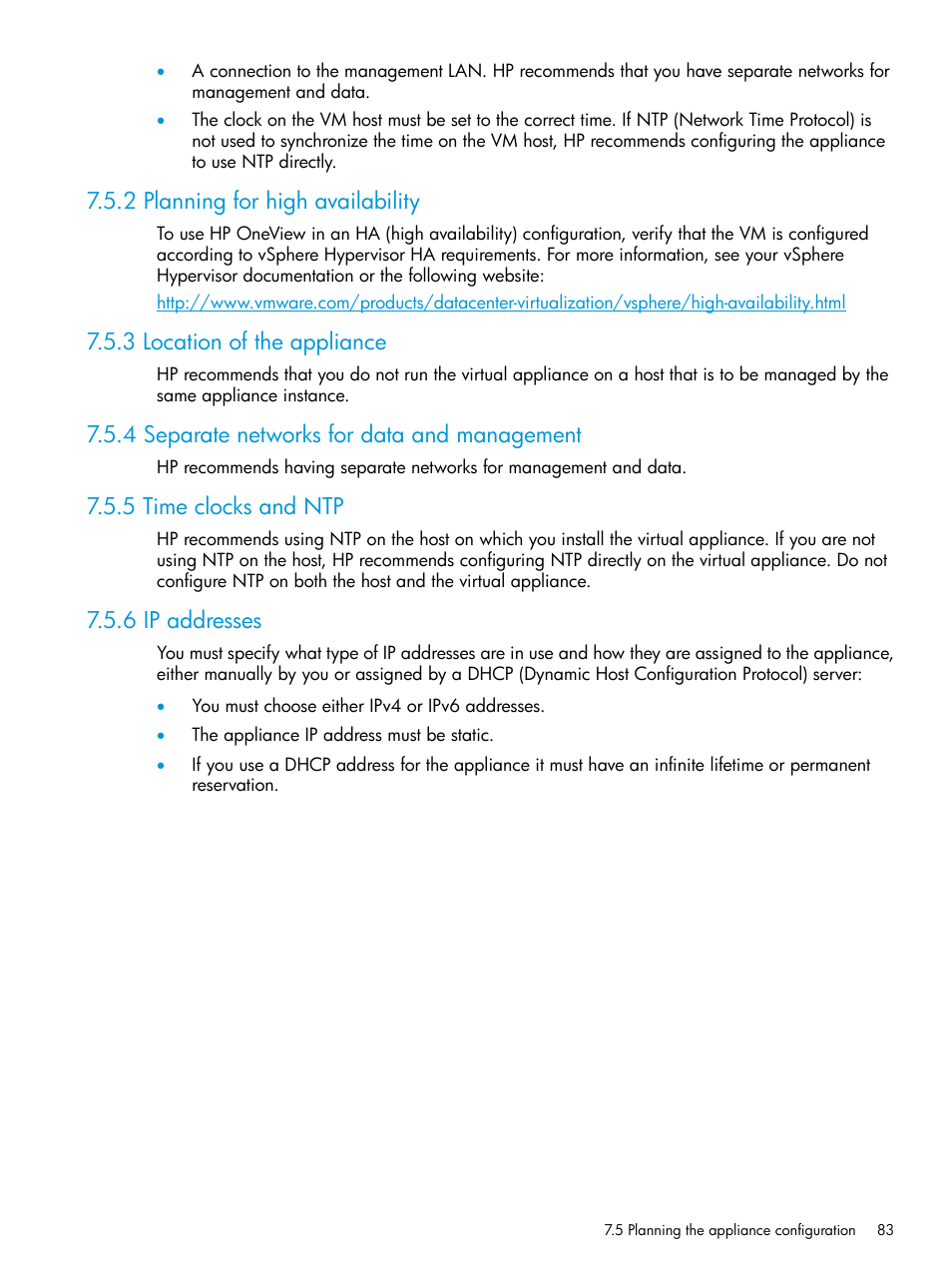2 planning for high availability, 3 location of the appliance, 4 separate networks for data and management | 5 time clocks and ntp, 6 ip addresses | HP OneView User Manual | Page 83 / 297