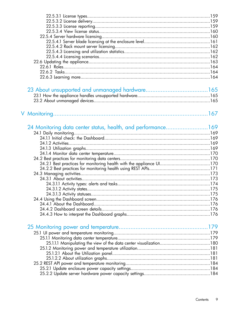 23 about unsupported and unmanaged hardware, 25 monitoring power and temperature | HP OneView User Manual | Page 9 / 297