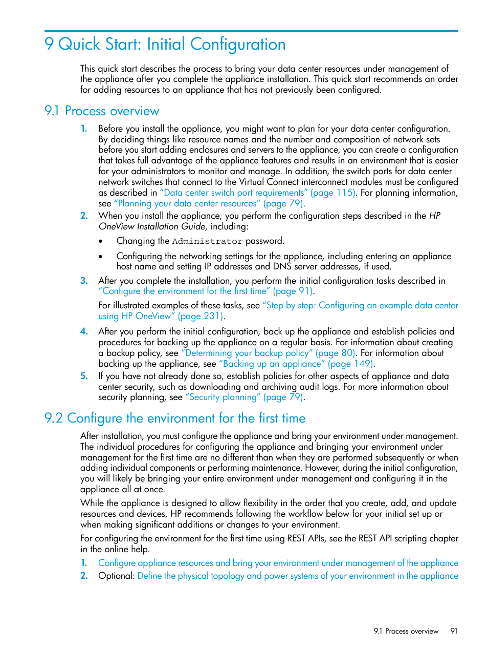 9 quick start: initial configuration, 1 process overview, 2 configure the environment for the first time | HP OneView User Manual | Page 91 / 297