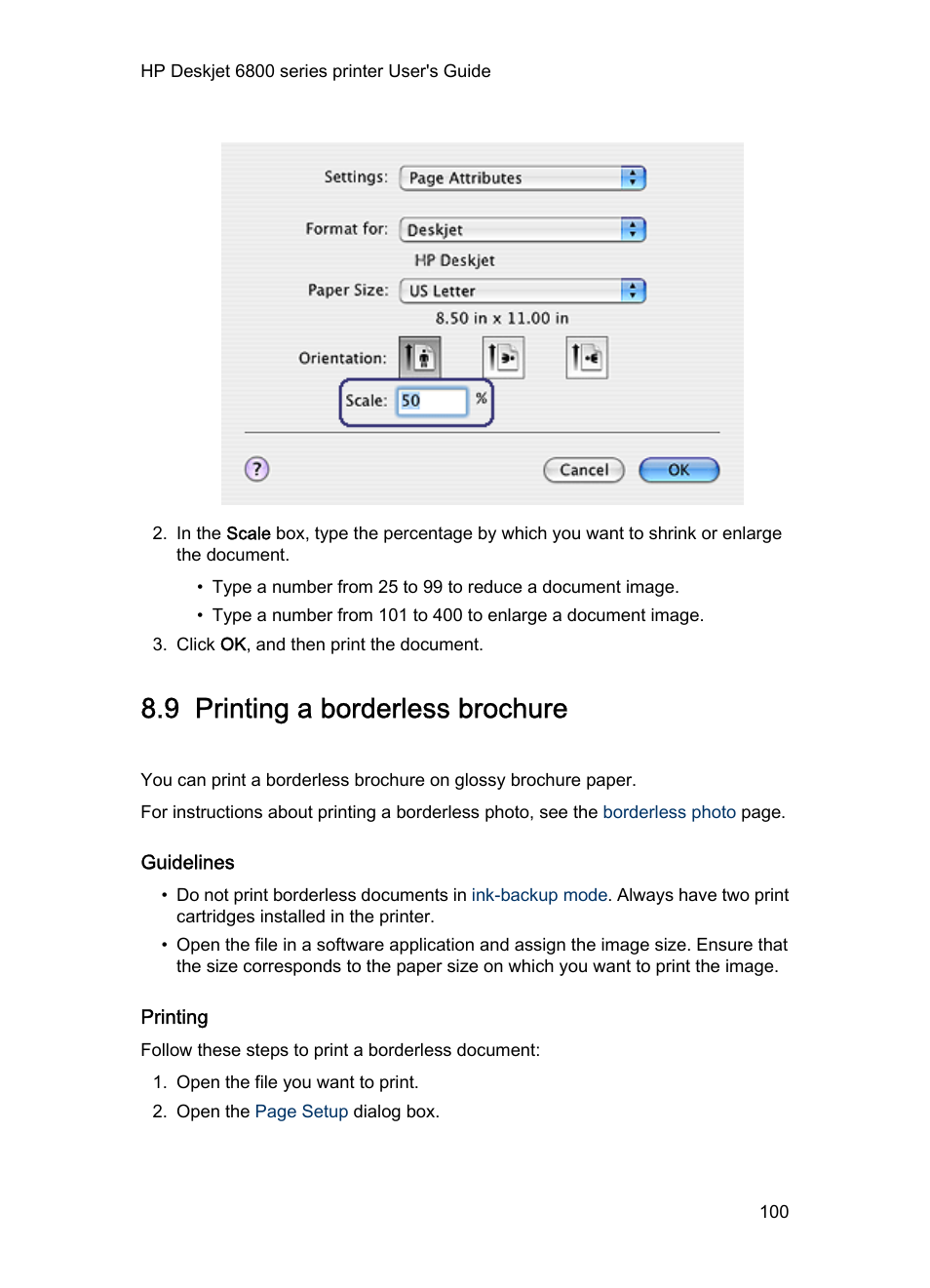 9 printing a borderless brochure, Guidelines, Printing | Learn to print, Borderless brochures, Print a, Borderless brochure | HP Deskjet 6840 Color Inkjet Printer User Manual | Page 100 / 176