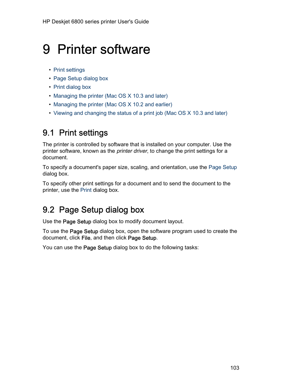 9 printer software, 1 print settings, Printer software | Dialog box, Dialog box, and then select the following settings, Learn about the, Dialog box and set the paper size, scaling, 2 page setup dialog box | HP Deskjet 6840 Color Inkjet Printer User Manual | Page 103 / 176