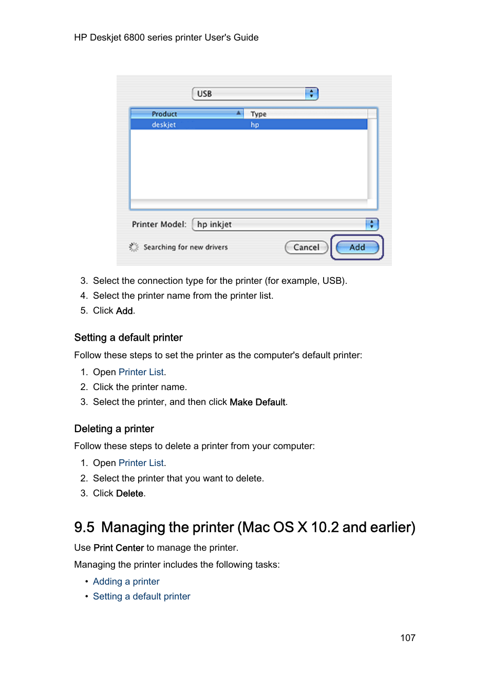 Setting a default printer, Deleting a printer, 5 managing the printer (mac os x 10.2 and earlier) | Managing the printer (mac os x 10.2 and earlier) | HP Deskjet 6840 Color Inkjet Printer User Manual | Page 107 / 176