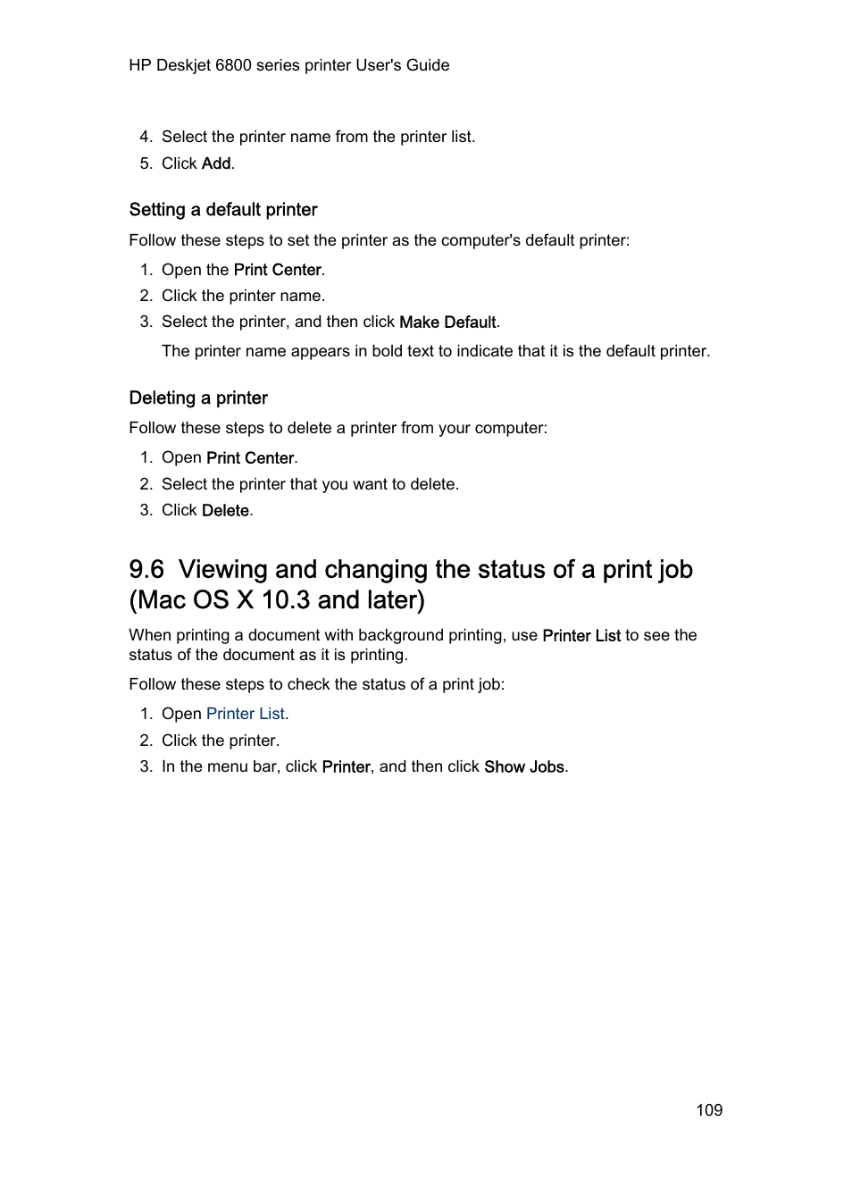 Setting a default printer, Deleting a printer | HP Deskjet 6840 Color Inkjet Printer User Manual | Page 109 / 176