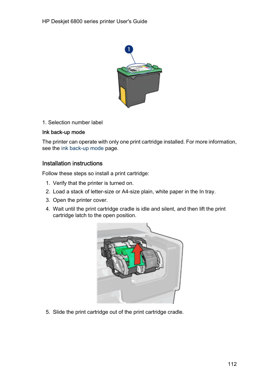 Ink back-up mode, Installation instructions | HP Deskjet 6840 Color Inkjet Printer User Manual | Page 112 / 176