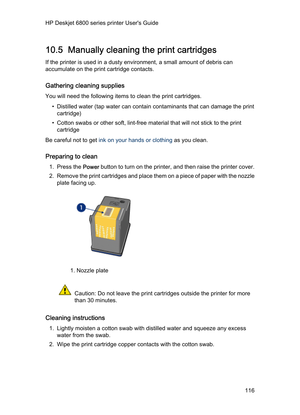 5 manually cleaning the print cartridges, Gathering cleaning supplies, Preparing to clean | Cleaning instructions, Manually cleaning the print cartridges | HP Deskjet 6840 Color Inkjet Printer User Manual | Page 116 / 176