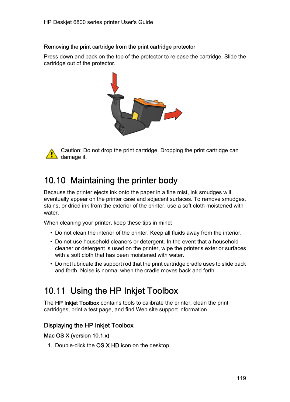 10 maintaining the printer body, 11 using the hp inkjet toolbox, Displaying the hp inkjet toolbox | Mac os x (version 10.1.x), Hp inkjet toolbox, And then select the, Maintaining the printer body, Using the hp inkjet toolbox | HP Deskjet 6840 Color Inkjet Printer User Manual | Page 119 / 176